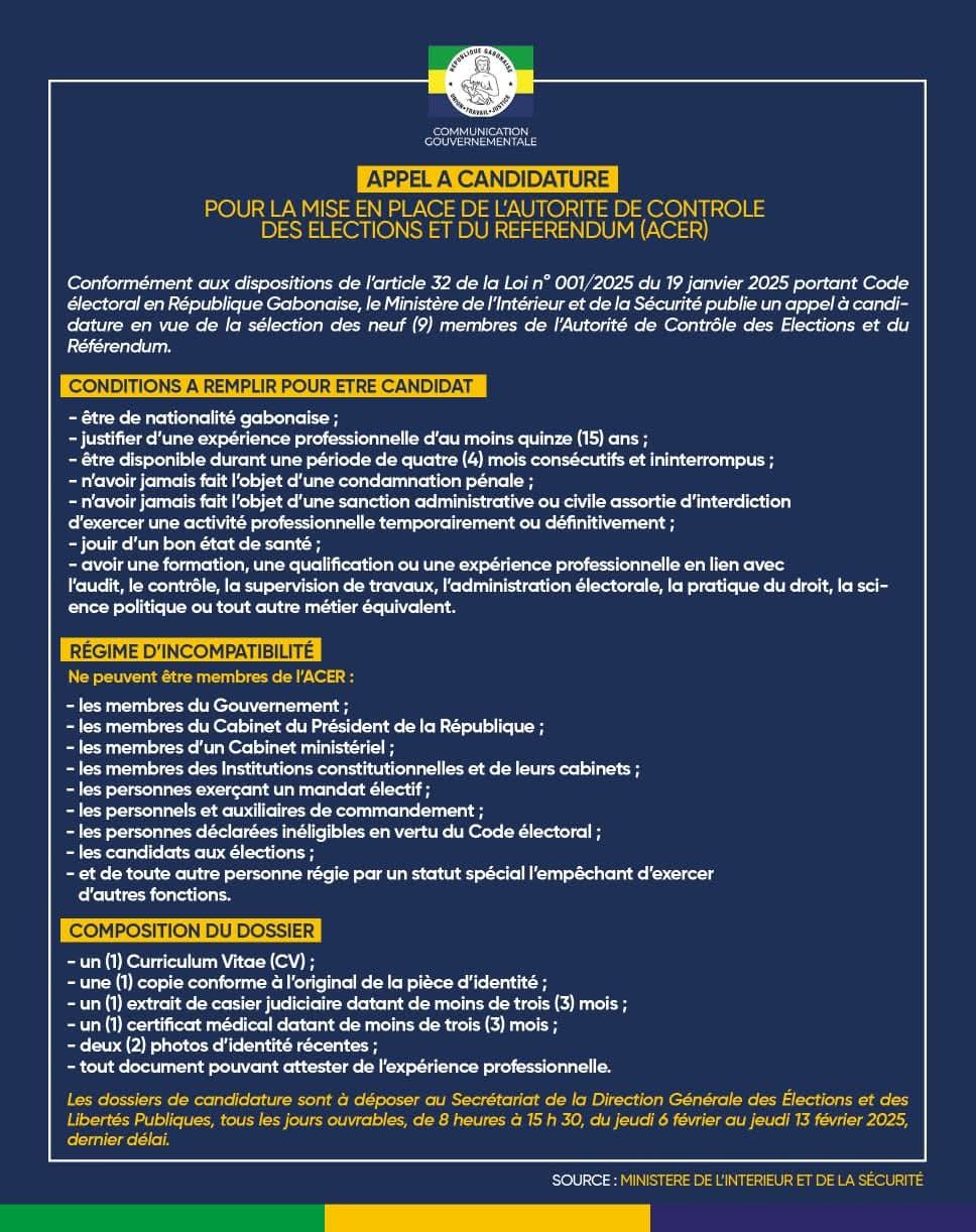 Gabon : Candidatures ouvertes pour l’Autorité électorale